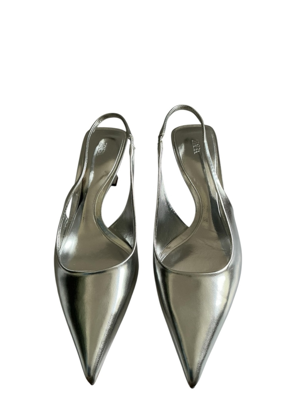 Zara Metallic Silver Pointed-Toe Kitten Heel Slingback Pumps